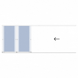 Installation Coulissant Panoramique cloison en verre extérieur ou intérieur ouverture centrale avec stockage à gauche