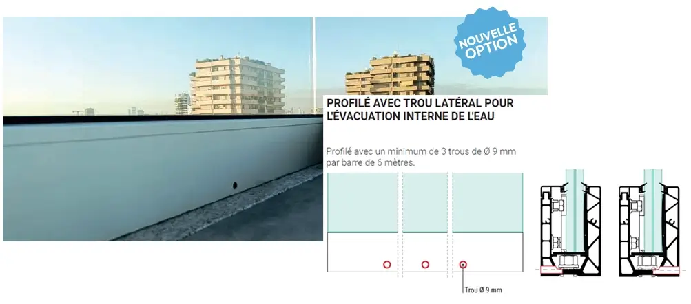 Balcon garde-corps au profilé fraisage rond traversant pour évacuation de l'eau