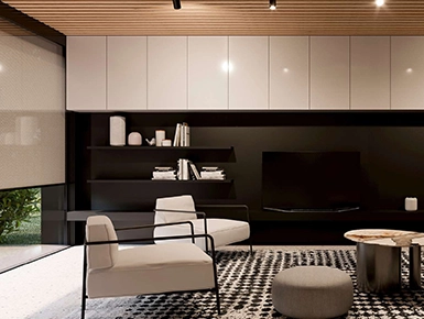 Vue depuis la terrasse de l'installation d'un store vertical extérieur installé pour obscurcir une pièce et réguler la température.