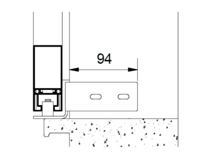 Brise-Soleil Orientable Coupe technique Rail Bas inversé avec guides fenêtre pour volet ou cloison coulissante à lames fixes ou mobiles