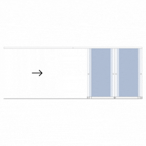 Installation Coulissant Panoramique cloison en verre extérieur ou intérieur ouverture centrale avec stockage à droite