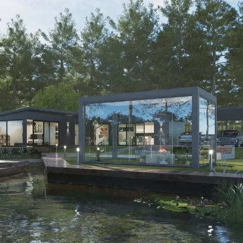 abri de terrasse fermé par des systèmes en verre et avec toit motorisé, installé comme une pergola en îlot dans un jardin