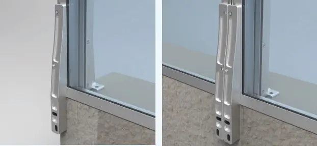 Fixation à l'anglaise ou en applique pour configuration spécifique d'un paravent extérieur en aluminium sur muret ou lignes au sol.