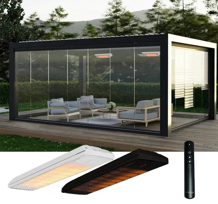 chauffage infrarouge pergola bioclimatique autoportées en aluminium de couleur grise avec lames orientables motorisées