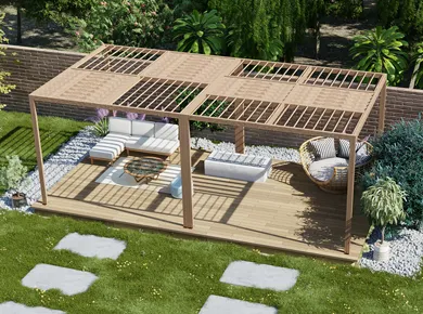 Pergola lames jardin dans une région exposée à l'ensoleillement