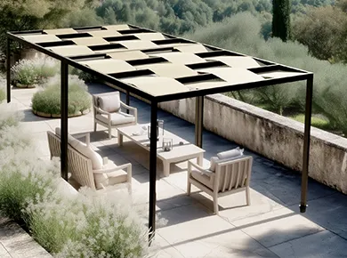 La Pergola toile couleur personnalisée rouille pour couvrir et abriter une terrasse de jardin.