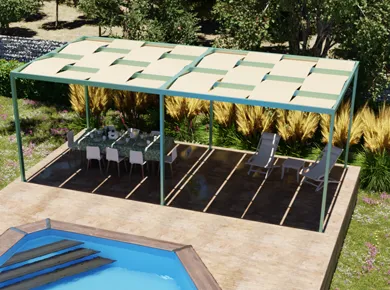 Aménagement de pergola toile autoportée en aluminium installés dans un jardin, sur mesure