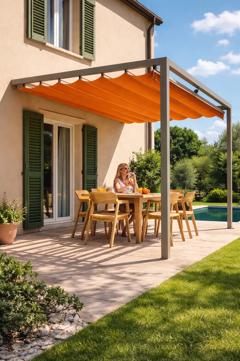 chauffage infrarouge pergola bioclimatique autoportées en aluminium de couleur grise avec lames orientables motorisées