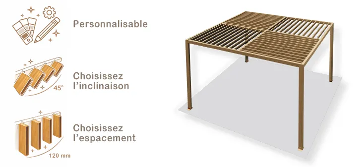 pergola deco autoportées en aluminium de couleur grise avec lames fixes