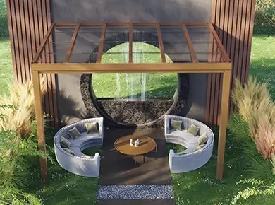 Installation d'une pergola en verre sur mesure dans le jardin d'une maison architecte