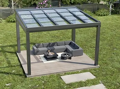 Pergola Modulable sur mesure version carport intégration fermeture en verre