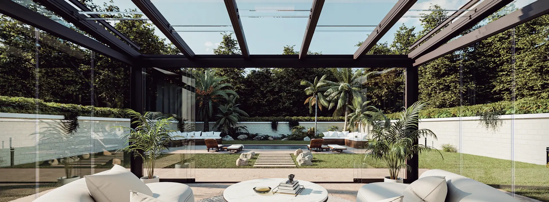 Pergola Autoportée en aluminium blanc, ombrageant un salon de jardin