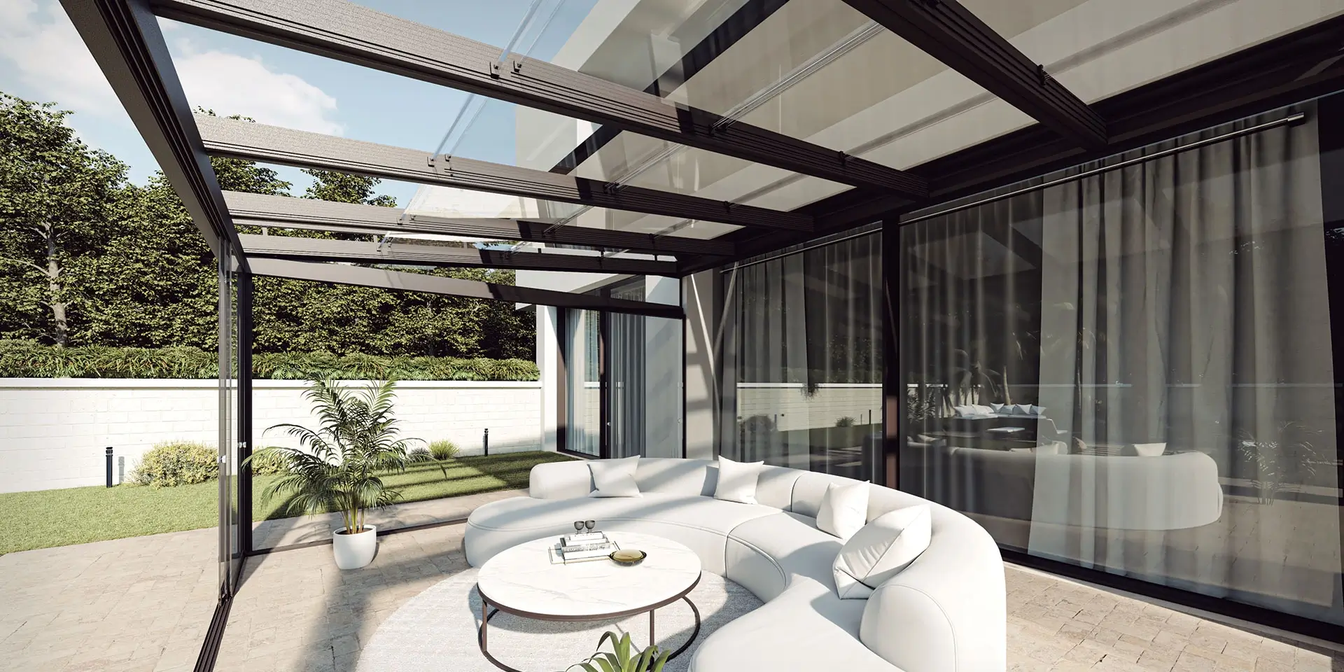 Pergola en verre adossée en aluminium pour terrasse de maison