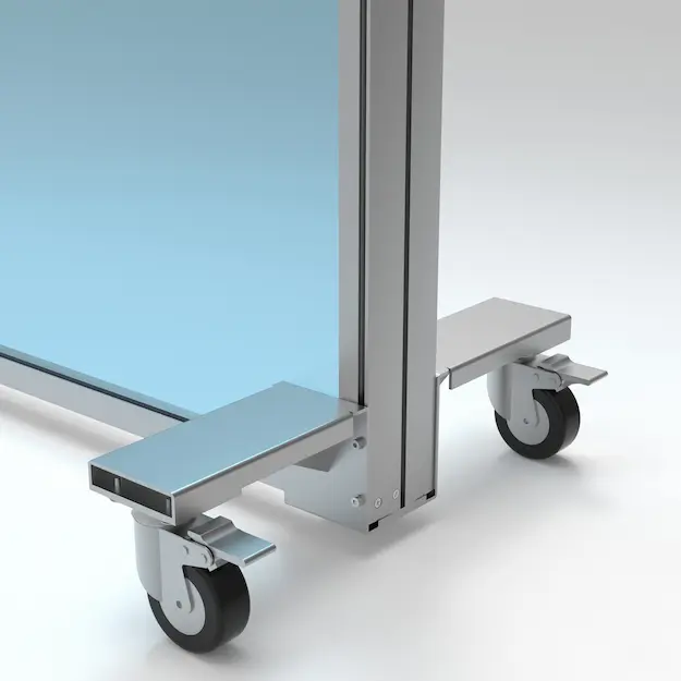 Support roulettes en aluminium renforcé pour déplacer facilement le paravent extérieur solide Glass Systems